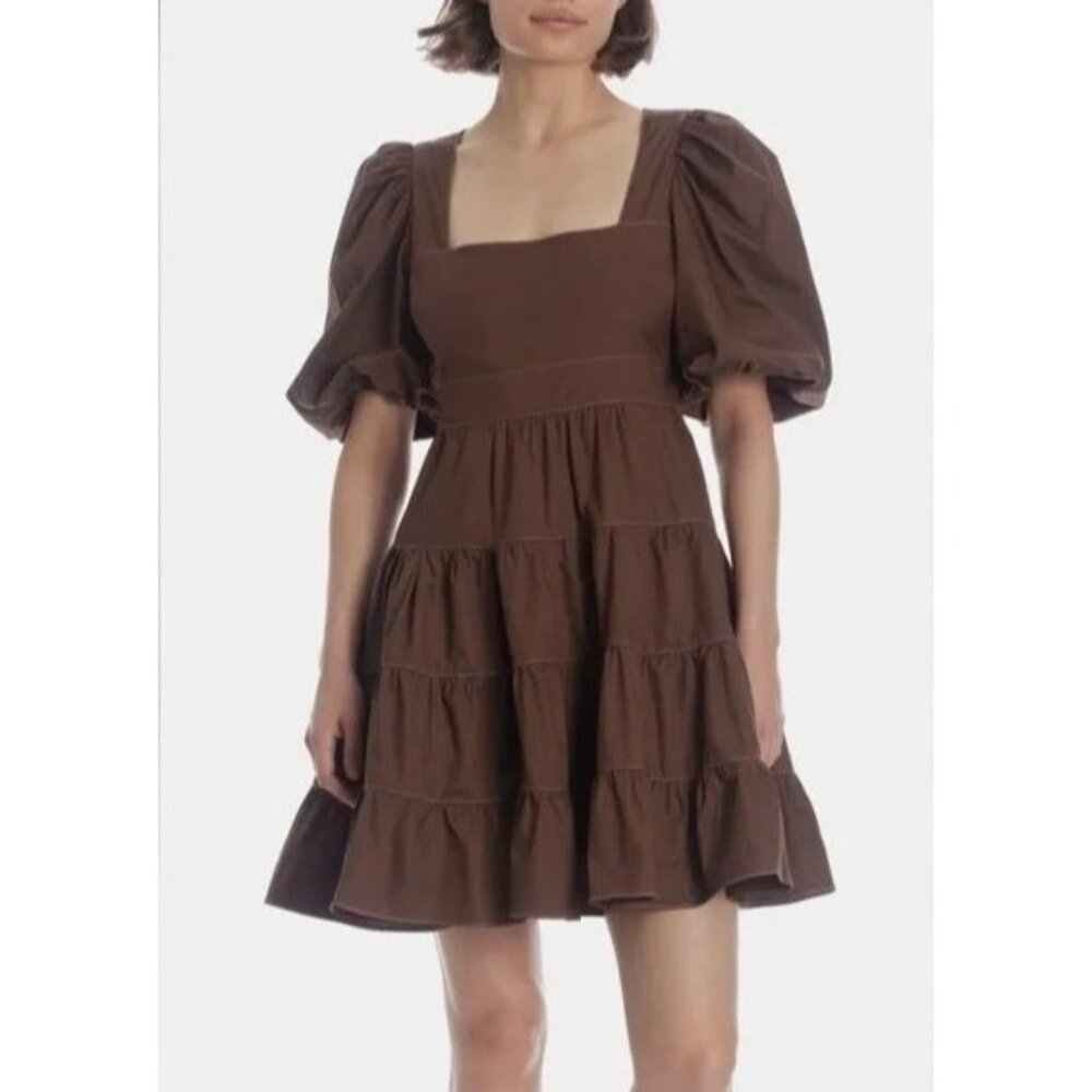 En Saison Brown Babydoll dress Puff Sleeves Tiered Skirt Mini Dress Sz‎ Medium